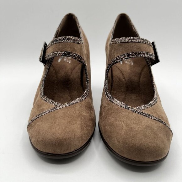 Aerosoles 9M Water Roll Taupe Comfort Pump MaryJane Snakeskin Trim Faux suede - Picture 4 of 12